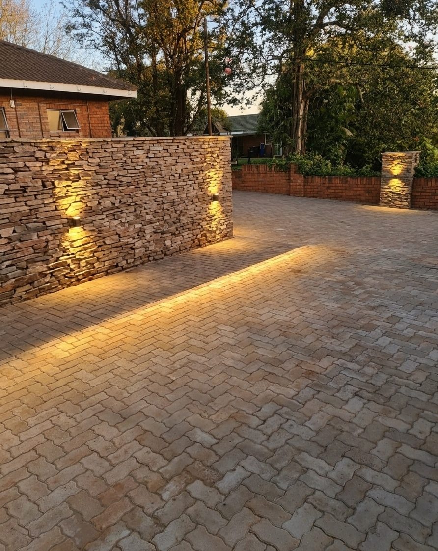 Stone-clad boundary wall with warm accent lighting and new paving, finished by HM Services
